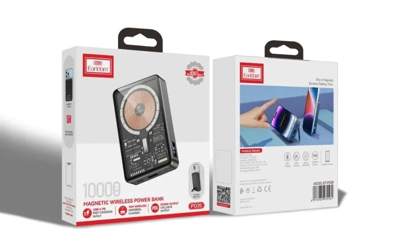 پاور بانک بی سیم فست شارژ ارلدام ET-PD20 PD 22.5W ظرفیت 10000 میلی آمپر ساعت