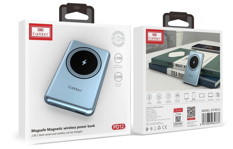پاور بانک بی سیم فست شارژ ارلدام ET-PD12 QC PD 20W ظرفیت 5000 میلی آمپر ساعت