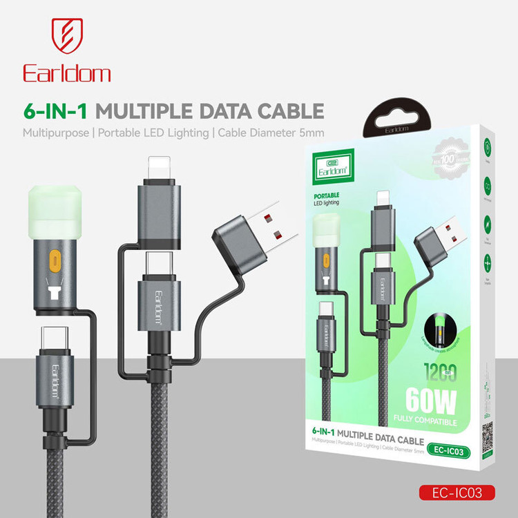 کابل شارژ چندکاره فست شارژ 60 وات ارلدام EC-IC03 طول 1.2 متر