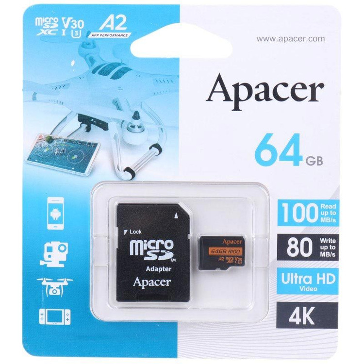 رم میکرو 64 گیگ اپیسر Apacer Rioo A2 V30 U3 C10 100MB/s + خشاب