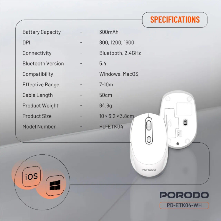 موس سایلنت بیسیم دو حالته Porodo PD-ETK04