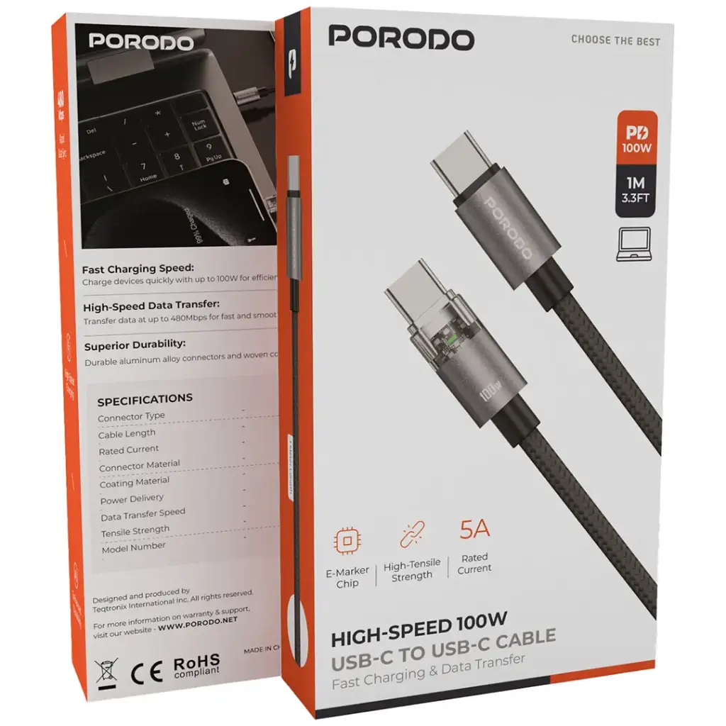 کابل فست شارژ تایپ سی به تایپ سی Porodo PDEMC110W 100W