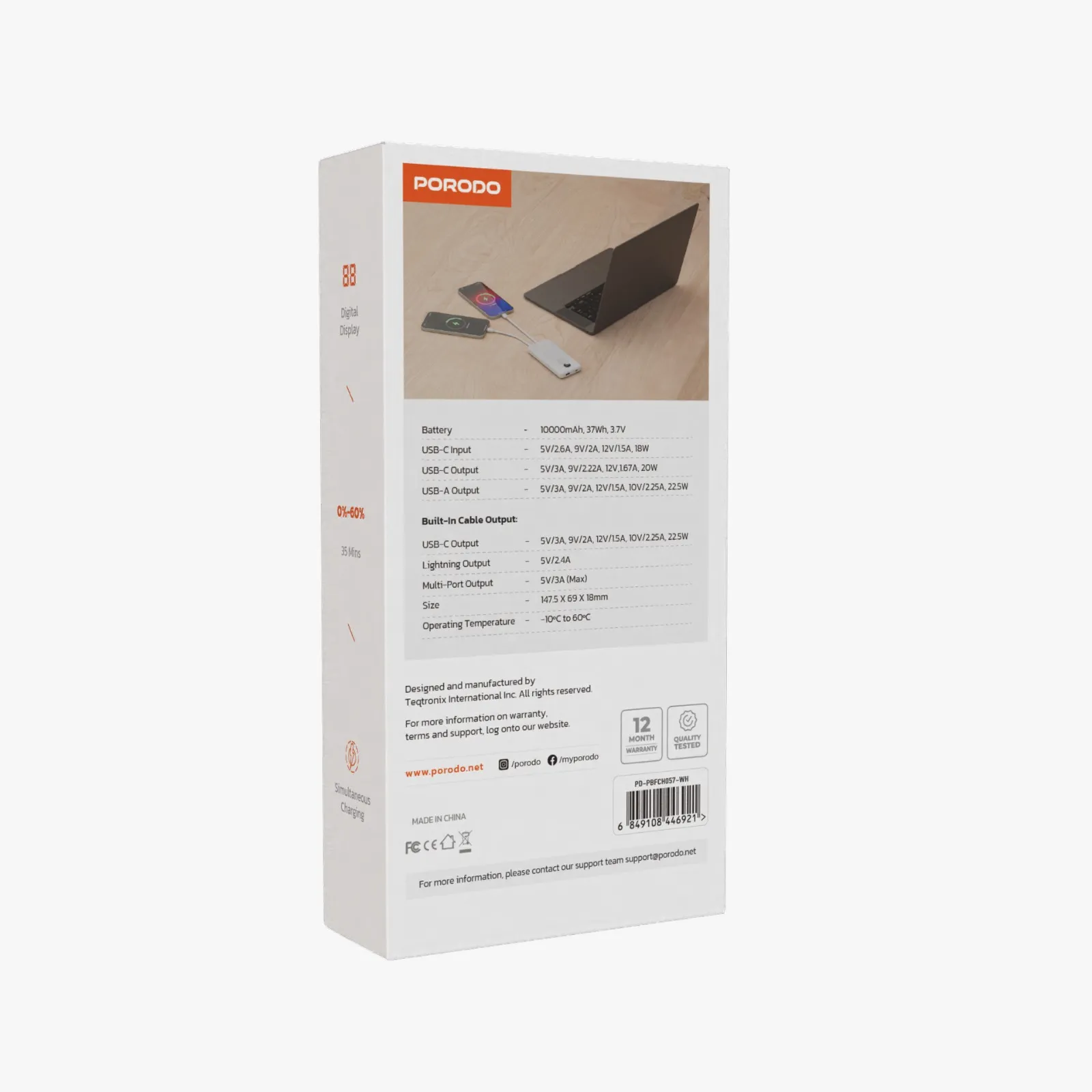پاور بانک و کابل فست شارژ Porodo PD-PBFCH058 20000mAh