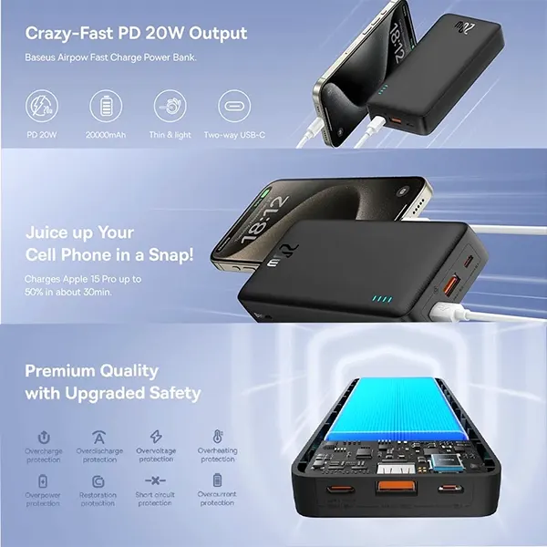 پاور بانک فست شارژ 20000 باسئوس Baseus Airpow PPAP20K DZ-JD1 PPQD010002 QC3 PD 20W