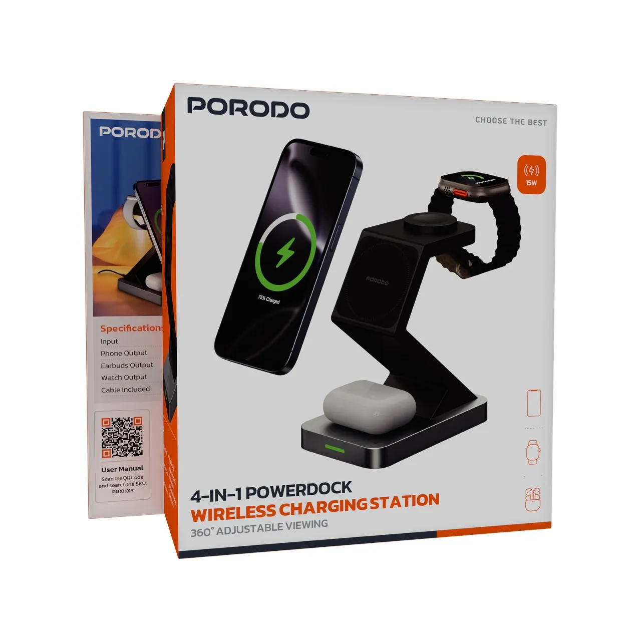 پایه شارژ رومیزی بیسیم 4 کاره Porodo PDXHX3